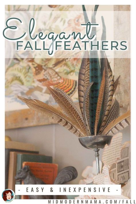 Fall feather decor ideas using pheasant feathers. Ideas for making fall centerpieces for your Thanksgiving table decoration. The perfect centerpiece for any harvest table, fall tablescape, or Friendsgiving. Easy DIY table decor for a festive fall table. Perfect for an autumn wedding! Rustic and elegant seasonal tutorial. These fall centerpieces are perfect with vintage decor Fall Feather Decor, Feather Decor Ideas, Homemade Fall Decorations, Mantle Decor Diy, Old Book Decor, Pheasant Feather Decor, Diy Fall Garland, Fall Decoration Ideas, Fall Leaf Template