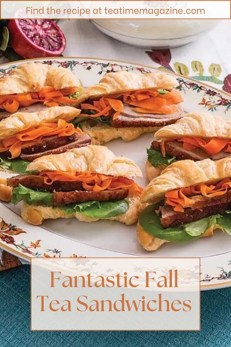 Savor the cool, crisp days of autumn with a tempting selection of some of our favorite seasonal tea sandwich recipes from the pages of TeaTime. Including fusions of classic flavors, new takes on afternoon-tea staples, and plenty of seasonal produce, tea guests are sure to enjoy some of our tastiest offerings. Autumn Tea Sandwiches, Tea Time Sandwiches Recipes, Summer Tea Party Food, Fall Tea Sandwiches, Halloween Tea Sandwiches, Autumn Sandwiches, Fall Afternoon Tea, Fall Tea Party, High Tea Menu