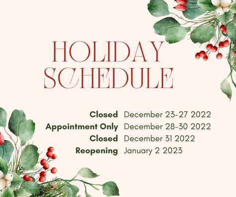 Here is our schedule for Christmas and New Year holiday hours. 🎄 🎅 ☃️ Holiday Schedule, Comic Layout, Holiday Hours, Schedule Design, New Year Holidays, Design Tips, Media Post, Christmas And New Year, Social Media Post