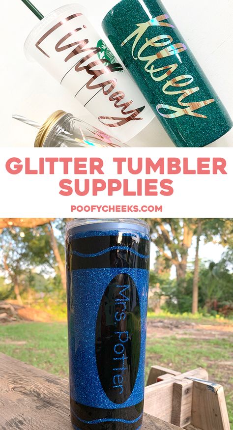 Supplies needed to make epoxy glitter tumblers. The minimal supplies and a list of extras from PoofyCheeks.com How To Make Cups With Epoxy, How To Make Custom Tumblers, Resin Cups Diy, Tumbler Cups Diy Epoxy, How To Make A Tumbler Cup, Epoxy Cups Diy, How To Make Tumblers, How To Make Tumblers With Epoxy, How To Epoxy Tumbler Diy