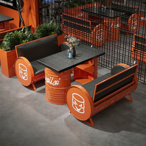 Industrial Style Sofa Leisure Iron Oil Drum Coffee Table Chair Sets 3 - Piece Solid Wood Top Double Pedestal Dining Set | Wayfair Oil Barrel Ideas, Pub Tables And Chairs, Truck Bed Bar, Metal Barrel Furniture, Coffee Table Chair, Resturant Interior, Restaurant Seating Design, Pub Table And Chairs, Mexican Restaurant Decor