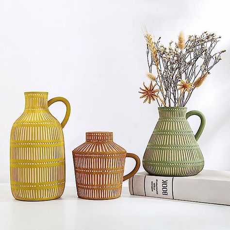 LIZOFER Ceramic Vase Set of 3 for Living Room Bedroom Modern Yellow Brown Green Fake Flower Plant Vases for Home Decor Office Centerpieces Antique Retro Rustic Farmhouse Vintage Classic Gift Plant Vases, Farmhouse Vase, Brown Vase, Yellow Vase, Clay Vase, Plant Vase, Unique Vases, Bedroom Modern, Green Vase