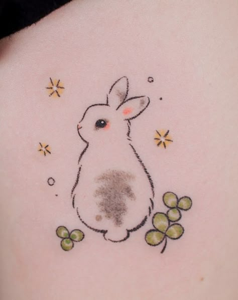 Kawaii Style Tattoo, Spring Tattoo Ideas Nature, Lionhead Rabbit Tattoo, Cute Bunny Tattoo Ideas, Bunny Flower Tattoo, Miss Bunny Tattoo, Kawaii Bunny Tattoo, Cute Bunny Tattoos, Moon Rabbit Tattoo