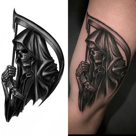 Santa Muerte Tattoo, Skull Tattoo Flowers, Skull Rose Tattoos, Grim Reaper Tattoo, Reaper Tattoo, Saved Tattoo, Circle Tattoos, Warrior Tattoos, Geniale Tattoos