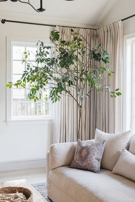 Indoor Tree Living Room, Faux Tree Living Room, Faux Trees Indoor Living Room, Diy Faux Tree, Farmhouse Chic Living Room, 2023 Decor, Conservatory Interior, Pots Ideas, Dnevna Soba