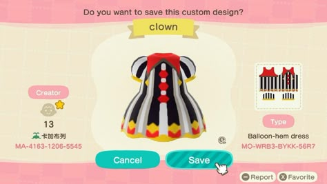 Acnh Punk Outfits, Spooky Fits, Town Acnh, Anch Codes, Acnh Dresses, Acnh Spooky, Jester Outfit, Acnh Outfits, Clown Core