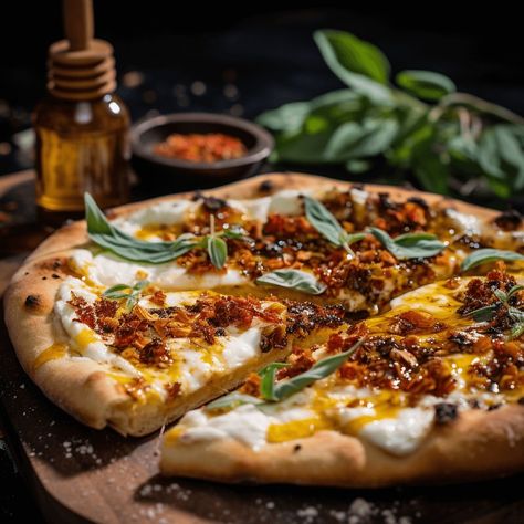 Napa Home Chef | This easy-to-make pizza is topped with creamy burrata, fresh basil, sweet honey, and spicy chili flakes. It's the perfect summer pizza! Savor Napa, Bite by Bite. Spicy Sausage Pizza, Burrata Flatbread Pizza, Buratta Pizza Recipes, Crazy Pizza Ideas, Pizza With Burrata Cheese, Fall Pizza Ideas, Burrata Pizza Recipe, Recipes With Burrata, Puttanesca Pizza