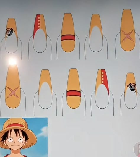 One Piece Acrylic Nails, Luffy Nail Art, One Piece Nail Art Luffy, Anime Inspired Nails One Piece, One Piece Nails Design, Zoro Nail Art, Simple Anime Nail Ideas, One Piece Inspired Nails, Black Clover Nails