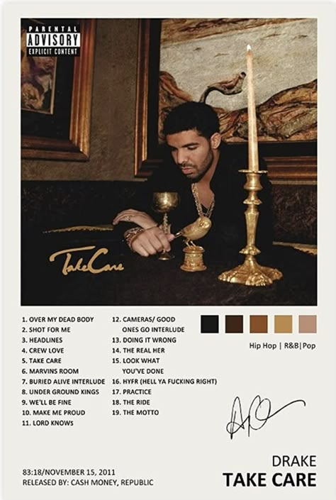 Drake Take Care Album, Drake Poster, Drake Album Cover, Drakes Album, Music Bedroom, Rap Album Covers, Album Artwork Cover Art, Music Poster Ideas, Cool Album Covers