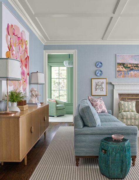 VIBRANT RETREAT - Collins Interiors Colorful Grandmillenial Living Room, Transitional Blue Living Room, Great Room Design Ideas, Colorful Traditional Home Decor, Dusty Blue Sofa, Living Room Preppy, Grandmillenial Living Room, Florida Home Decorating, Collins Interiors