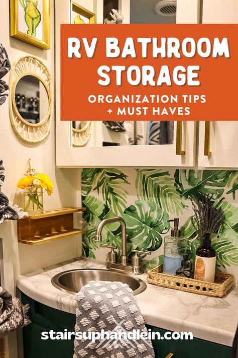 Create an organized and beautiful space in your RV with our tips, and favorite must have items to help you organize small spaces Rv Organization Ideas Travel Trailers, Rv Bathroom Wallpaper, Bath Towel Storage Ideas, Rv Bathroom Decor, Rv Bathroom Ideas, Rv Bathroom Storage Ideas, Rv Bathroom Makeover, Rv Bathroom Storage, Rv Bathroom Remodel