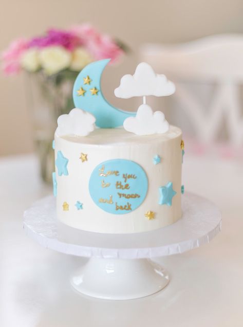 To The Moon And Back Cake, Love You To The Moon And Back Cake, Baby Cake Design, Bear Baby Shower Cake, Baby Shower Cake Designs, Half Birthday Cakes, Baby Boy Birthday Cake, Special Event Cakes, Baby First Birthday Cake