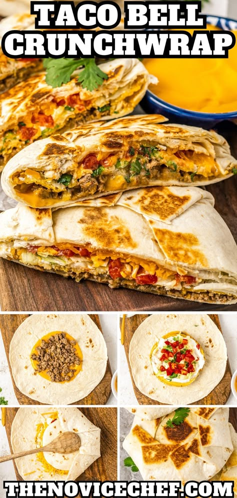 With this Taco Bell copycat recipe, you can enjoy a homemade crunchwrap supreme that is even better than the original! With seasoned ground beef, nacho cheese, lettuce, tomatoes, sour cream, and a crunchy tostada shell, this handheld dinner has everything you could want. Taco Bell Copycat Crunchwrap Supreme, Tacobell Crunch Wrap, Crunchy Wrap Supreme Recipe, Crunchy Wrap Taco Bell, At Home Crunch Wrap Supreme, Nacho Cheese Tacos, Copycat Crunchwrap Supreme, Blackstone Crunchwrap Supreme, Taco Bell Crunch Wrap Supreme Copycat