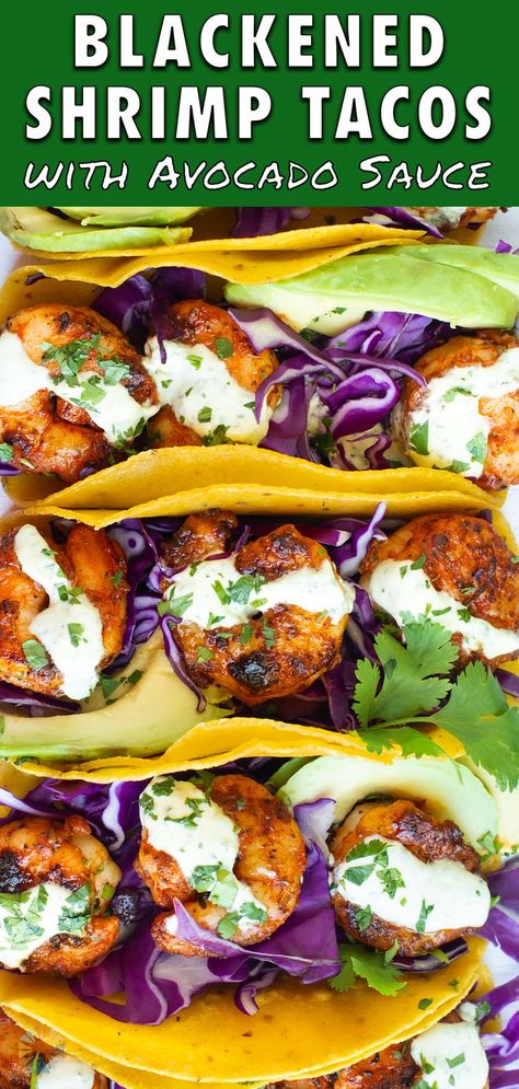 Blacken Fish Taco, Keto Shrimp Tacos, Quick Taco Recipes, Cilantro Lime Cream Sauce, Cilantro Lime Cream, Lime Cream Sauce, Blackened Shrimp Tacos, Shrimp Taco Sauce, Caleb Martin