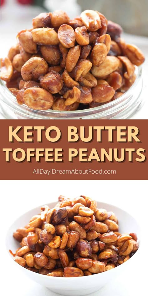 These sugar-free keto toffee peanuts are a delicious keto snack and so easy to make. They take only five simple ingredients and 25 minutes of your time. Sweet and salty goodness! Keto Snack Tray Ideas, Sugar Free Candied Nuts Recipe, Keto Snack Mix Recipe, No Carb Sweet Snacks, Healthy Keto Desserts Easy, Keto Snacks Easy On The Go, Keto Almonds, Keto Toffee, Carolyn Ketchum