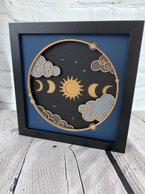 Celestial sky 3D paper art in a shadowbox - White Framed Paper Art, Laser Cut Paper Art, Layered Laser Cut Art, Layered Paper Art Diy, Paper Layer Art, Cricut Layered Paper Art, Paper Layering Art, Layered Papercut Art, Kids Craft Party