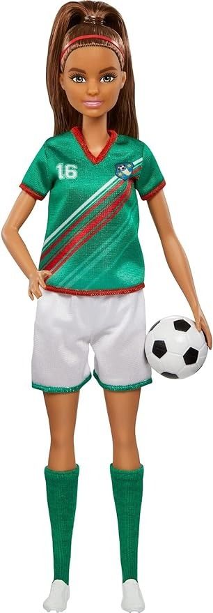 Amazon.com: Barbie Careers Fashion Doll & Accessory, Soccer Player with Brunette Ponytail, #16 Uniform, Tall Socks, Cleats & Soccer Ball : Toys & Games Brunette Ponytail, Soccer Fashion, Barbie Careers, Popular Color Schemes, Cleats Soccer, Tall Socks, Soccer Sports, Green Socks, Number 16