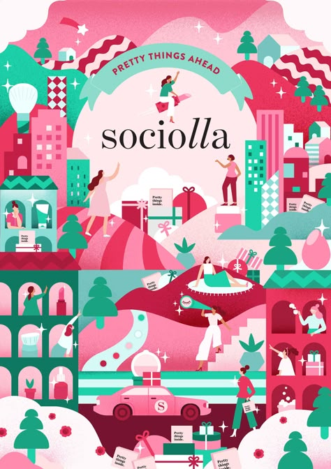 Sociolla Key Visual Illustration on Behance Event Key Visual, Key Visual Design Inspiration, Flat Design Poster, Visual Illustration, Graphic Design Style, Key Visual, Christmas Poster, Graphics Inspiration, Christmas Card Design