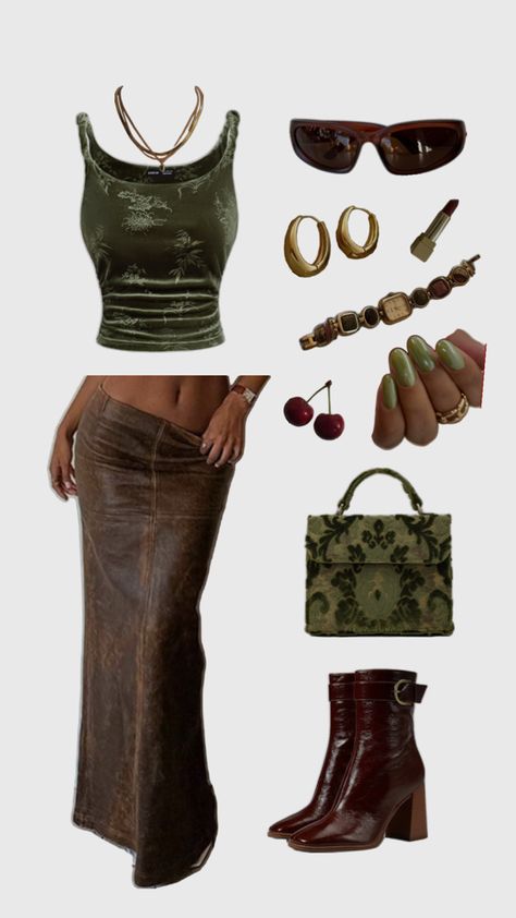 my fav colors in an outfit shorties can wear || the earthy green and brown Formal Earth Tone Outfits, Moss Outfit Aesthetic, Green And Brown Outfit, Earthy Tone Outfits, Brown Outfit Aesthetic, Earth Tone Outfits, Olive Green Skirt, Earthy Green, Downtown Outfits