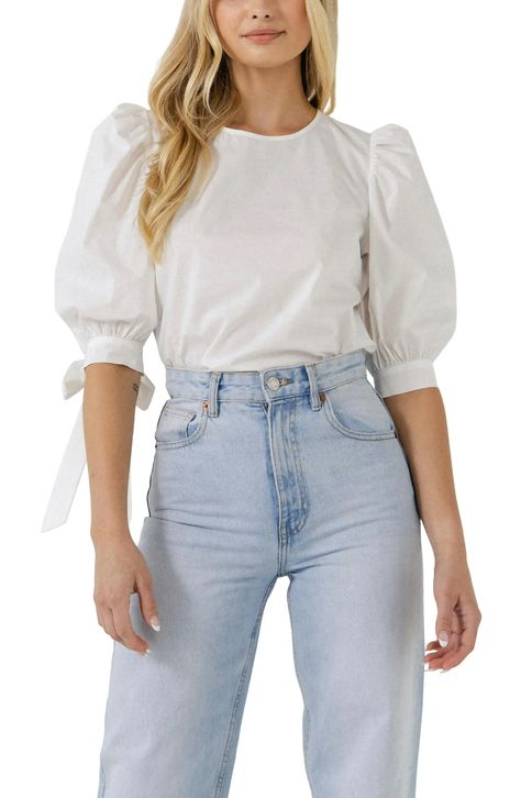 English Factory Bow Banded Puff Sleeve Blouse | Nordstrom Balloon Hands Blouse, Puffy Sleeve Top Outfit, Balloon Sleeves Blouse, White Puff Sleeve Top, English Factory, Balloon Sleeve Top, Blouse Nordstrom, Puff Sleeve Blouse, Puffy Sleeves