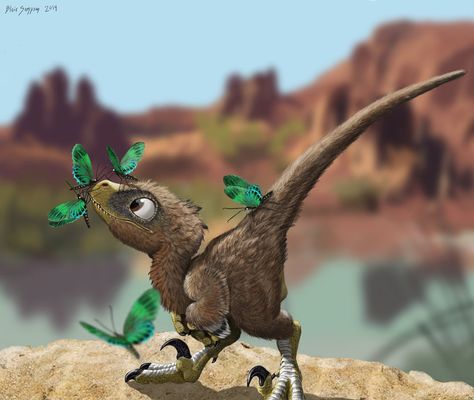 Velociraptor Baby Mobbed by Pretty Butterflies by Psithyrus on DeviantArt Feathered Dinosaurs, Pretty Butterflies, Dinosaur Tattoos, Funny Pigs, Prehistoric Art, Paleo Art, Extinct Animals, Jurassic Park World, Dinosaur Art