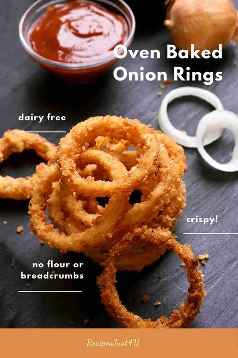 These onion rings are dairy free and gluten free and have a crispy outer layer. They are baked in the oven to make them more healthy. Get the recipe on Recipes Just 4U Oven Baked Onion Rings, Healthy Onion Rings, Gluten Free Onion Rings, Dishes To Cook, Baked Onion Rings, Baked Onion, Best Sides, Onion Rings Recipe, Baked Onions