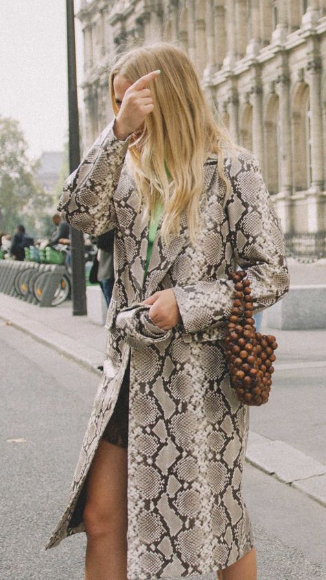 11 ways to wear snake print! CLICK TO SHOP OUTFITS!  snake print coat street style Paris Snakeskin Coat Outfit, Snake Skin Jacket Outfit, Snake Print Jacket Outfit, Snake Print Dress Outfit, Snake Outfits, Chloe Bucket Bag, Weekend Casual Outfits, Snake Clothes, Snake Print Outfit