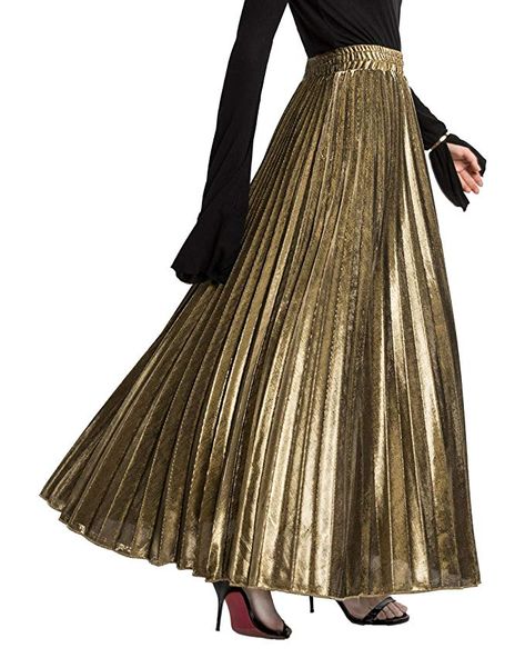 Chartou Women's Premium Metallic Shiny Shimmer Accordion Pleated Long Maxi Skirt (XX-Large, Gold) Skirt And Top Indian, Maxi Skirt Formal, Beach Maxi Skirt, Shiny Skirts, Accordion Skirt, Long Midi Skirt, Long Maxi Skirt, Gold Skirt, Pleated Long Skirt