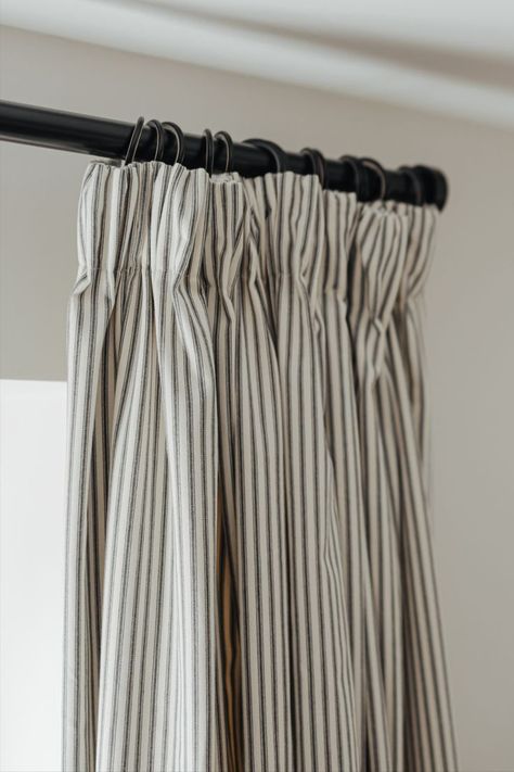 Simple and classic, a pencil pleat heading works in any room and with any interior style. Pencil Pleat Curtains On Track, Pinstripe Curtains, Stripe Curtains Living Room, Curtain Inspiration, Pencil Pleat Curtains, Pleat Curtains, Curtain Headings, Bedroom Updates, Striped Curtains