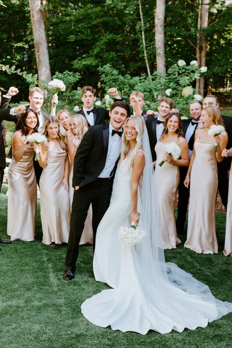 Black White And Champagne Wedding Bridesmaid Dresses, Champagne Bridesmaid Black Groomsmen, Champagne Bridesmaids And Black Groomsmen, Black Tuxedo Wedding Groomsmen Bridesmaid Dresses, Groom And Groomsmen Attire Champagne, Elegant Wedding Party Attire, Classic Elegant Bridesmaid Dresses, Wedding Party Photos Champagne, Champagne Bridesmaids Black Groomsmen