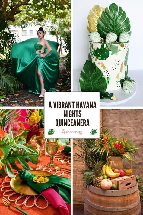 Pop off this summer with a  tropical-themed quince that will have you singing,” Havana, ooh na-na, half of my heart is in Havana, ooh na-na AYY, AYY!”  Havana is the capital and largest city in Cuba with a perfect tropical climate and exotic beaches! Havana Themed Wedding, Havana Nights Quinceanera, Tropical Theme Quinceanera, Hawaiian Theme Quinceanera, Havana Nights Sweet 16, Hawaiian Quinceanera Theme, Summer Quinceanera Themes, Tropical Quinceanera Theme, Tropical Sweet 16