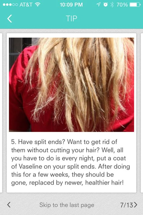 Use Vaseline to help heal split ends How To Help Split Ends, How To Heal Split Ends, Heal Split Ends, Hair Remedies For Damaged Hair, Remedies For Damaged Hair, Fix Damaged Hair, Damaged Hair Diy, Overnight Beauty Tips, Must Have Beauty Products