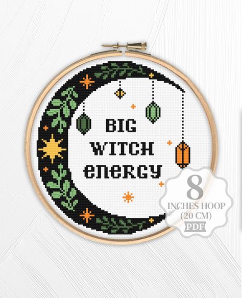 Witchy Moon with stars and crystals Cross stitch pattern PDF for instant download. Summer or Autumn embroidery design for beginners. Title: 322 Big witch energy Pattern size: 105h x95w stitches It is 7.6" x6.8" or 19.2 x17.2 cm for 14-count canvas Hoop: 8" or 20 cm DMC embroidery floss (5 colors) You will receive: *Colorful symbols chart *Description *Floss list Please feel free to ask me details about this design! Thank you!  I'll appriciate for share my listings at social media. Cross Stitch Patterns Beginner, Witchy Cross Stitch, Cross Stitch Witch, Witchy Designs, Witchy Cross Stitch Patterns, Cross Stitch Crystal, Free Witchy Cross Stitch Patterns, Cross Stitch Moon Phases, Wicca Cross Stitch