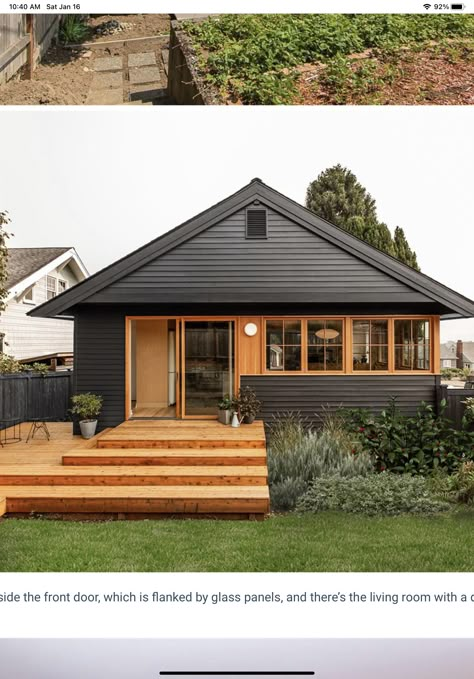 Small Dark House Exterior, Cedar Vertical Siding, Modern Cottage Style Homes, Pyay, 1920s Home, 1920s Bungalow, Wooden House Design, Black Houses, Bright Interior