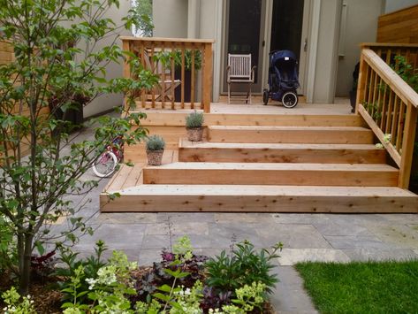 Exteriors For Living: Leaside Garden Room Stairs To Deck Ideas, Handrails For Decks Ideas, Deck Ideas Railing, Back Deck Steps Ideas, Back Stairs To Patio, Open Deck Stairs, Porch Step Ideas, Outdoor Patio Stairs Ideas, Front Door Decking