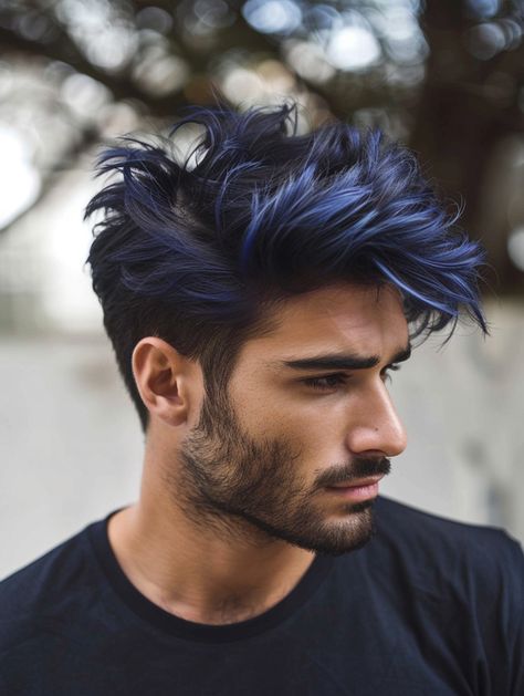 Discover 28 Bold Mens hair color blue Ideas from Sky Highlights to Midnight Blue Tones Dark Blue Hair Color Men, Navy Blue Hair Men, Midnight Blue Hair Men, Blue Hair Color For Men, Men Hair Color Ideas, Men Colored Hair, Mens Hair Dye Ideas, Dark Blue Hair Men, Mens Dyed Hair Ideas