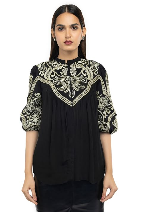 Buy Gaya Black Viscose Crepe Embroidered Puff Sleeved Top Online | Aza Fashions Top Indian, Indian Fashion Designers, Embroidery Suits, Western Dresses, Puff Sleeve Top, Summer Trends, Embroidered Top, Pop Up Shop, Aza Fashion