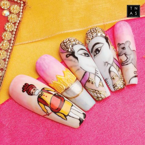 Ganpati Nails Design, Ganesh Nail Art, Ganpati Nail Art, Ganpati Nails, Ganpati Festival, Engagement Hairstyles, Special Nails, Festive Nail Art, Diy Acrylic Nails