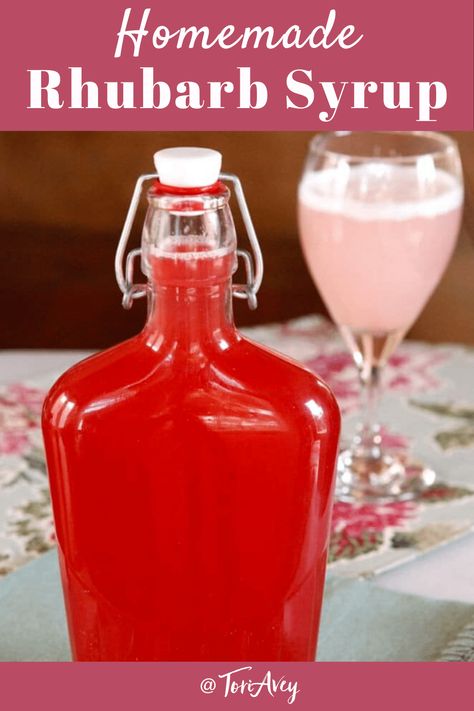 Homemade Rhubarb Syrup - Make a simple syrup infused with springtime rhubarb for use in beverages and cocktails. Cook longer for a thicker syrup for pancakes and waffles. | ToriAvey.com #rhubarb #syrup #simplesyrup #rhubarbsyrup #springtime #springrecipe #cocktail #mocktail #mixology #TorisKitchen Rhubarb Cocktail Syrup, Rhubarb Syrup Cocktails, Rhubarb Cordial Recipe, Rhubarb Simple Syrup Recipe, Rhubarb Juice Recipe, Rhubarb Syrup Recipe, Rhubarb Simple Syrup, Rhubarb Cordial, Syrup For Pancakes