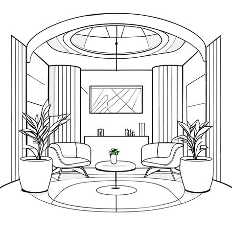 Premium Vector | Modern receptionroom interior perspective highly detailed vector illustration line art Interior Illustration Sketches, Harmony In Interior Design, Harmony Art Design, Room Outline, Interior Perspective, Interior Sketches, Illustration Line Art, Harmony Art, Drawing Interior