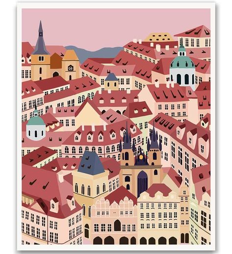 Prague Illustration, Architecture Wall Art, Illustration Architecture, Retro Artwork, Wall Art Retro, Architecture Drawing Art, Retro Travel Poster, City Illustration, Prague Czech