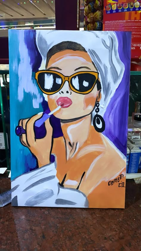 Sunglasses Canvas Painting, Easy Person Painting, Makeup Paintings On Canvas, Painting Ideas On Canvas Of People, People Canvas Painting, Canvas Painting Ideas People, Painting Face Acrylic, Barbie Acrylic Painting, Painting Ideas On Canvas Face