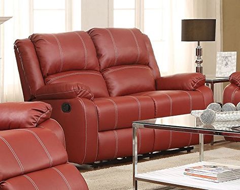 ACME Zuriel Red Faux Leather Reclining Loveseat Leather Reclining Loveseat, Acme Furniture, Leather Pillow, Leather Recliner, Pillow Top, Ashley Furniture, Reclining Sofa, Room Sofa, Recliner Chair