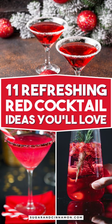 🍹 Ready to shake up something vibrant? Dive into our red cocktail recipe ideas, perfect for adding a splash of color to any party! 🎉 From sweet to tangy, we've got recipes for every taste. Explore now and save this pin for your next festive gathering! Red Drink Ideas, Red And Green Cocktails, Sweet Red Wine Cocktails, Romantic Drinks For Two, Red Mocktail Recipe, Red White And Merry Cocktails, Casino Themed Drinks Cocktails, Red Mixed Drinks Alcohol, Red Christmas Drink