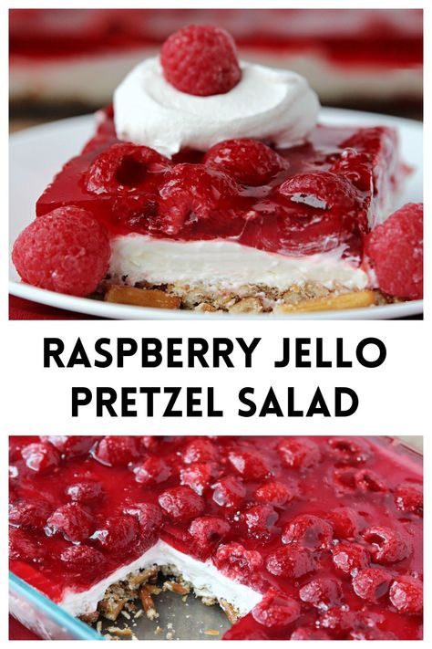 This Raspberry Jello Pretzel Salad is the perfect easy dessert to serve year-round! Made with a buttery salty pretzel crust, a creamy filling, and topped with a layer of frozen raspberries with raspberry jello. The perfect tasty dessert for a party or potluck! #pretzelsalad #jellopretzelsalad #raspberryjellopretzelsalad Dessert For A Party, Raspberry Pretzel Salad, Raspberry Jello Salad, Pretzel Jello, Jello Pretzel Salad, Raspberry Jello, Jello Cheesecake, Pretzel Desserts, Layered Jello