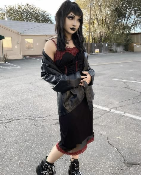 Goth Slip Dress Outfit, Numetal Aesthetic, Mallgoth Outfits, Demonia Platform Boots, Alternative Fits, Goth Harajuku, Slip Dress Outfit, Dark Dress, Punk Emo