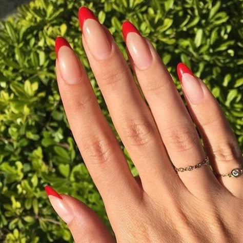 RED FRENCH NAIL DESIGNS | CHRISTMAS NAIL IDEAS Red Tip Nails, Almond Nails French, 2020 Makeup, Unghie Sfumate, Red Acrylic Nails, French Tip Acrylic Nails, Almond Nails Designs, Almond Acrylic Nails, Blue Nail