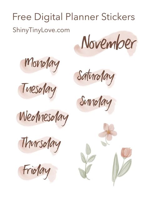 Image of digital stickers with days of the week and flowers in a rose gold theme. Digital Planner Stickers Flowers, Month Stickers Planner, Month Stickers Planner Free Printables, Digital Bujo Stickers, Cute Digital Stickers Free, Monthly Stickers Planner, Goodnotes Digital Stickers Free, Calendar Stickers Printable Free, Stickers For Good Notes Free