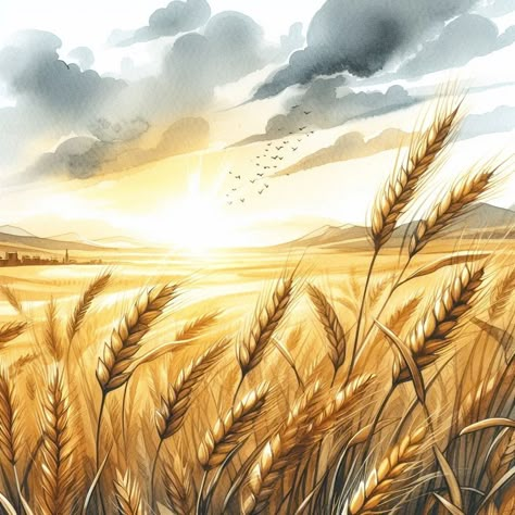 Wheat Watercolor, Wheat Painting, Wheat Art, Wave Art Painting, Angel Sketch, Birthday Watercolor, Women Of The Bible, Watercolor Clouds, Watercolour Ideas