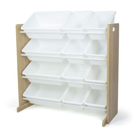 PRICES MAY VARY. Plastic Bins Removable toy storage bins for playtime and easy clean up. Sturdy engineered wood construction frame reinforced with steel dowels, 20 pound weight capacity per level. 12 durable plastic storage bins, 8 standard and 4 large interchangeable storage bins. BPA and phthalate free. Product sizing— Organizer: 34”W x 11”D (16”D with stabilizing braces) x 31”H, Standard Size Bins: 12”L x 9”W x 6”H, Large Size Bins: 16”L x 12”W x 6”H Stabilizing braces and anti-tip kit provid Rustic Toys, Toy Bin Organizer, Mdf Furniture, Large Storage Containers, Kids Storage Units, Toy Storage Organizer, Kids Toy Organization, Toy Storage Bins, Toy Organizer